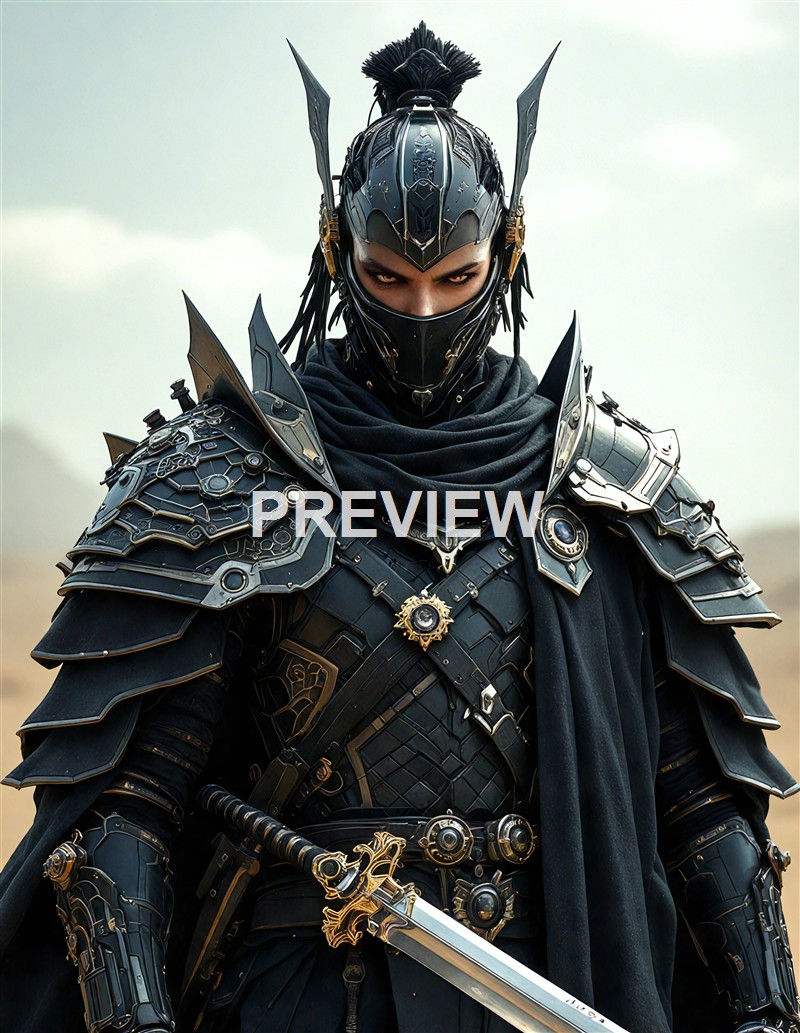 A person dressed in an elaborate, futuristic black armor with intricate detailing, wearing a helmet that covers part of their face, set against a cloudy sky background.